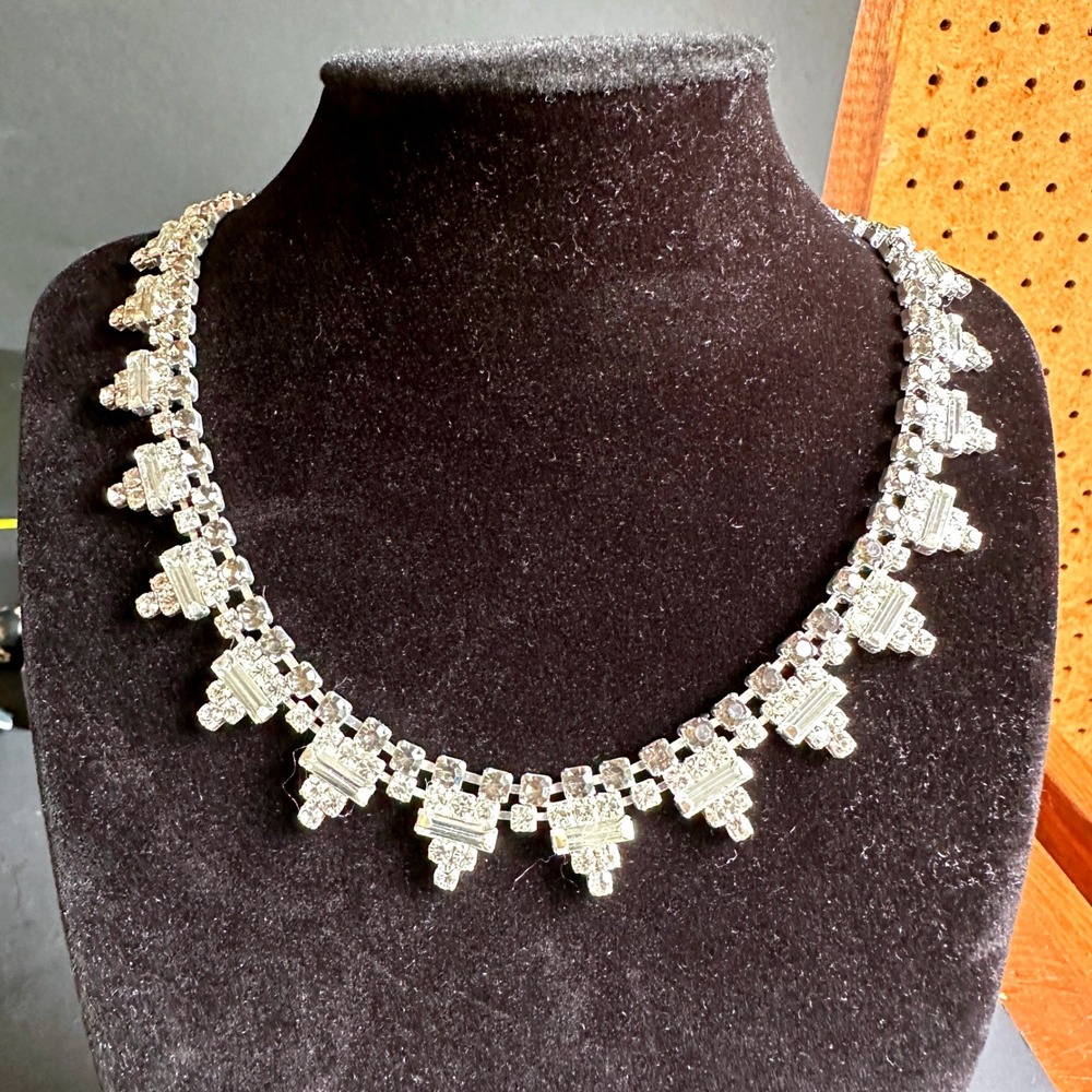 Vintage 1950s Rhinestone Choker Necklace Silver Tone Baguette Prong Set 15.5in